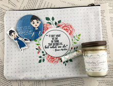 Load image into Gallery viewer, Jane Austen themed gift set featuring pocket mirror, laminated magnetic bookmark, limoncello lip balm, Pemberly gardens candle, and zip up pouch with the quote "it isn't what we say or think that defines us, but what we do"