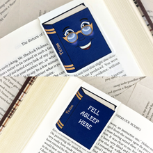 Load image into Gallery viewer, blue librarian fiction laminated magnetic bookmark with words "fell asleep here"