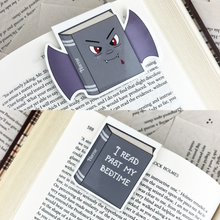 Load image into Gallery viewer, grey vampire horror laminated magnetic bookmark with words "i read past my bedtime"