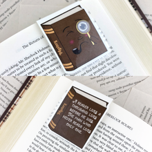 Load image into Gallery viewer, brown sleuth mystery laminated magnetic bookmark with words "a reader lives a thousand lives before he dies, the man who never reads lives only one"