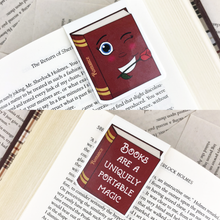 Load image into Gallery viewer, red romance laminated magnetic bookmark with words "books are a uniquely portable magic"