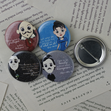 Load image into Gallery viewer, classic author pint back buttons featuring Jane Austen, William Shakespeare, Edgar Allen Poe, and HP Lovecraft