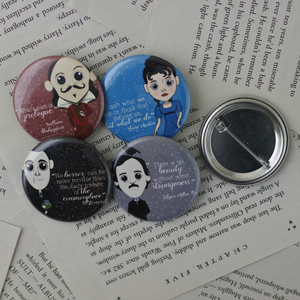 classic author pint back buttons featuring Jane Austen, William Shakespeare, Edgar Allen Poe, and HP Lovecraft