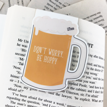 Load image into Gallery viewer, nerdy hipster beer bug laminated magnetic bookmark back with words &quot;don&#39;t worry, be hoppy&quot;