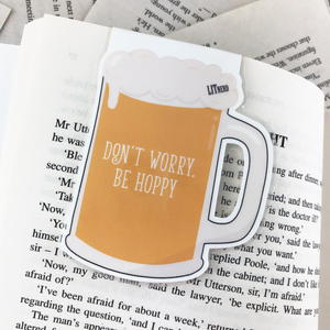 nerdy hipster beer bug laminated magnetic bookmark back with words "don't worry, be hoppy"