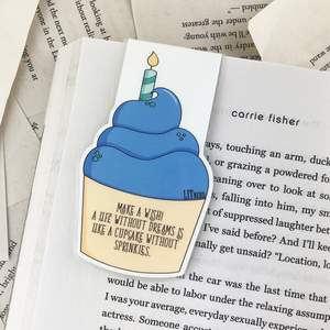 blue birthday cupcake laminated magnetic bookmark back with words "make a wish! A life without dreams is like a cupcake without sprinkles"