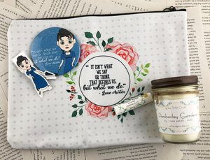 Jane Austen themed gift set featuring pocket mirror, laminated magnetic bookmark, limoncello lip balm, Pemberly gardens candle, and zip up pouch with the quote "it isn't what we say or think that defines us, but what we do"
