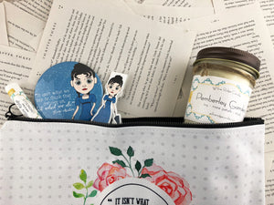 Jane Austen themed gift set featuring pocket mirror, laminated magnetic bookmark, limoncello lip balm, Pemberly gardens candle, and zip up pouch