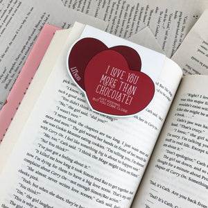 cute box of chocolates laminated magnetic bookmark back with the words "I love you more than chocolate! just kidding... but you come close"