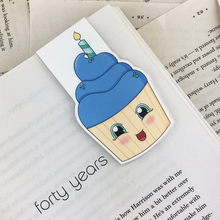 Load image into Gallery viewer, laminated magnetic bookmark featuring a blue cupcake with a birthday candle