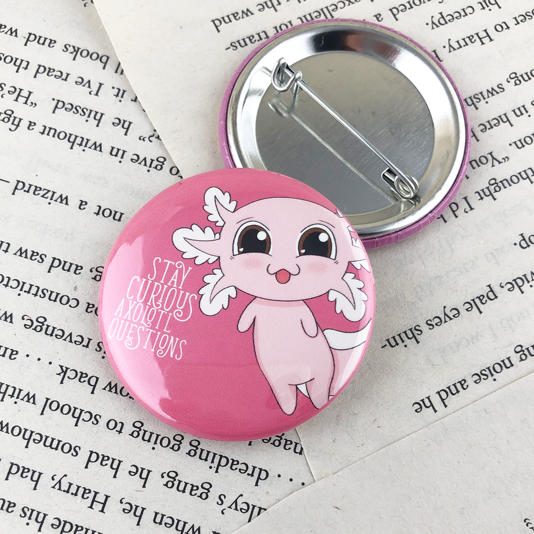 kawaii cute pink axolot pinkback button reading 