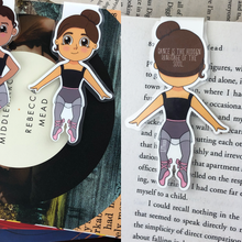 Load image into Gallery viewer, Kawaii cute laminated magnetic bookmark features brunette ballerina with words &quot;dance is the hidden language of the soul&quot; on back