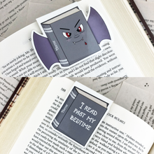 Load image into Gallery viewer, grey vampire horror laminated magnetic bookmark with words &quot;i read past my bedtime&quot;