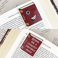 Load image into Gallery viewer, red romance laminated magnetic bookmark with words &quot;books are a uniquely portable magic&quot;