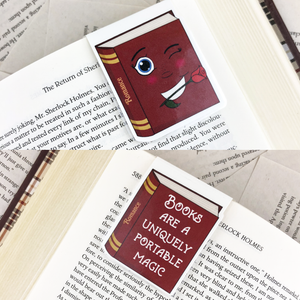 red romance laminated magnetic bookmark with words "books are a uniquely portable magic"