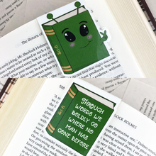 Load image into Gallery viewer, green alien sci-fi laminated magnetic bookmark with words &quot;through words we boldly go where no man has gone before&quot;