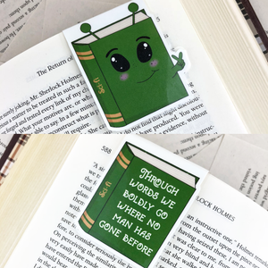 green alien sci-fi laminated magnetic bookmark with words "through words we boldly go where no man has gone before"